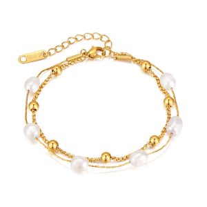 Bracelet Stainless Steel Voguish Golden Chain and Pearls