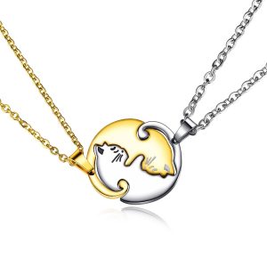 Necklace Stainless Steel Two Tone Hugging Couple Cats