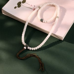 108 Mala Beads White Bodhi Root Green Aventurine Jade